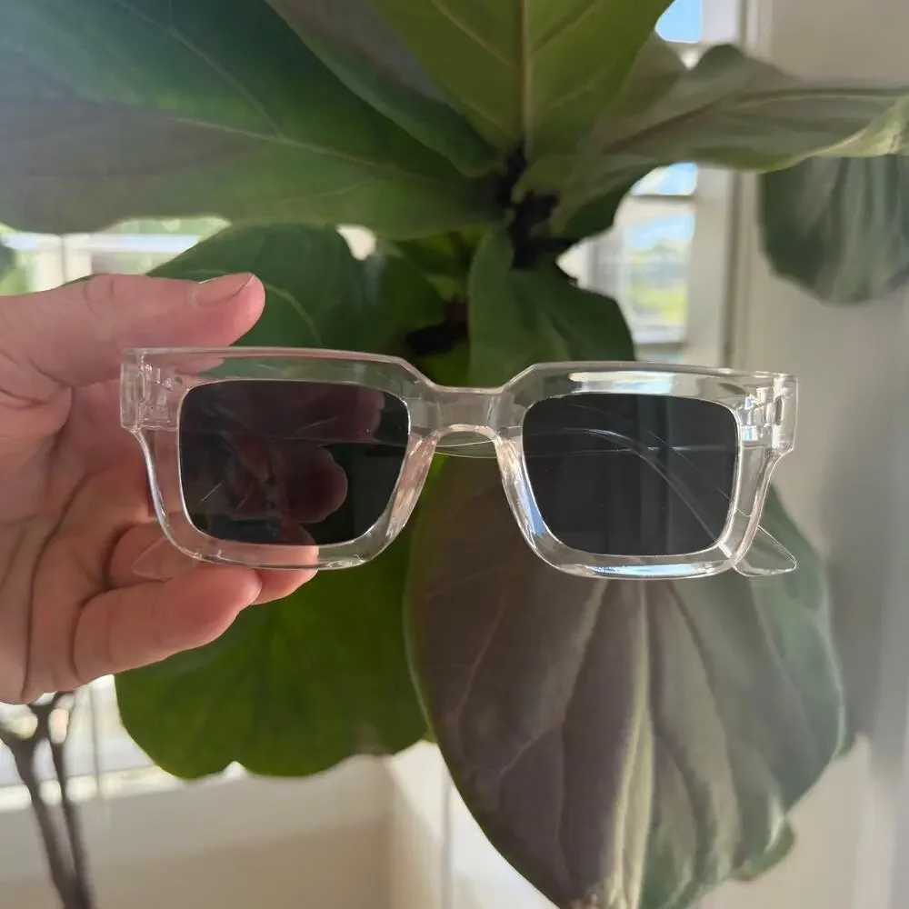 Y2K Clear Frame Square Sunglasses Black Lens Unisex Bold UVA UVB